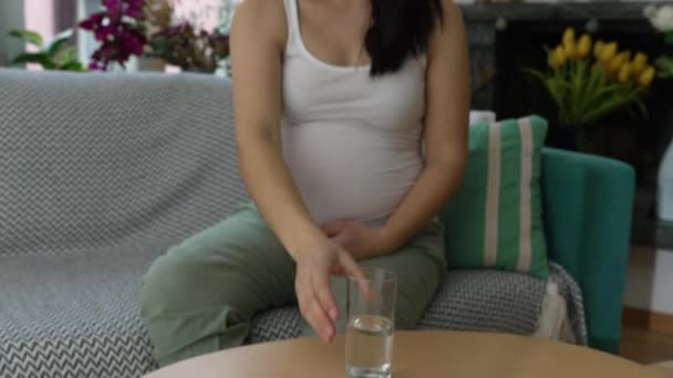 Mãe Expectante Hidratante Pega Vidro Água Sentado Sofá Com Copo — Vídeo de Stock