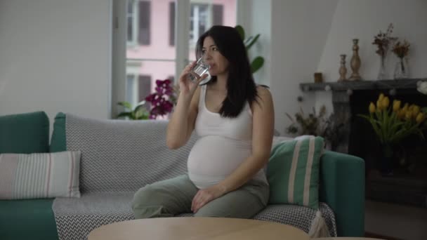 怀孕3个月晚期 孕妇坐在沙发上喝水 30多岁的女士在给自己浇水 照顾产妇健康 — 图库视频影像