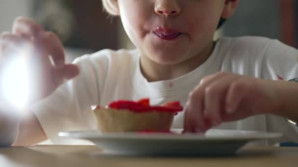 Παιδί Μπροστά Από Cheesecake Επιδόρπιο Στο Πιάτο Γκρο Πλαν Στόμα — Αρχείο Βίντεο