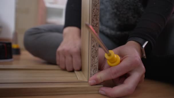 Close Hand Putting Together Furniture Diy Setup Person Placing Two — Stock Video