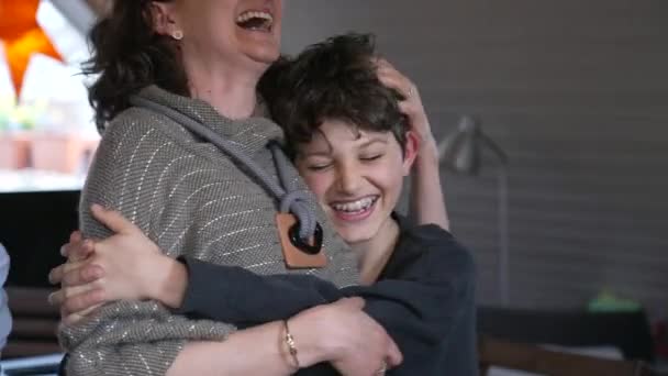 Genuine Laughter Scene Embracing Mother Son Heartfelt Family Moment Authentic — Stock Video