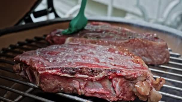 Kültéri Grillsütő Succulent Steaks Megkapja Utolsó Simításokat Szilikon Kefe — Stock videók