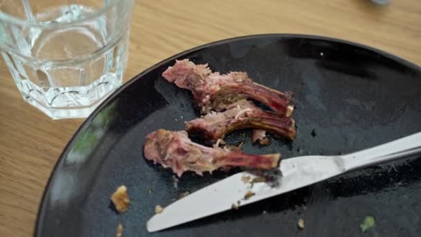 Τελικό Πορτρέτο Ενός Ικανοποιητικού Γεύματος Υπολείμματα Οστών Στο Πιάτο Και — Αρχείο Βίντεο