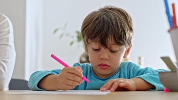 Little Boy Practices Cursive Writing Tracing Sample Sheet — Stock Video