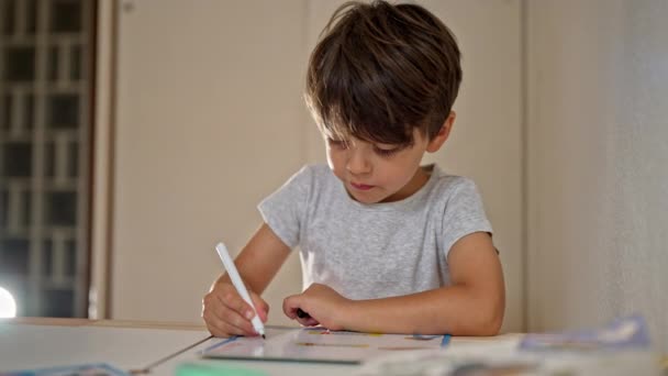 Young Boy Uses Pen Outline Letter Literacy School Exercise — Stock Video