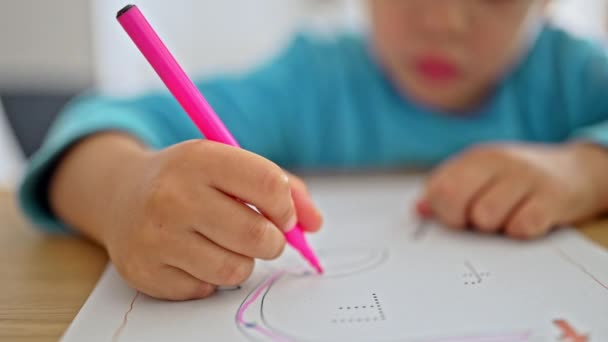 読んで書くことを学ぶ若い少年はドット ドットの手紙の形成のためのピンクのマーカーを使用します — ストック動画