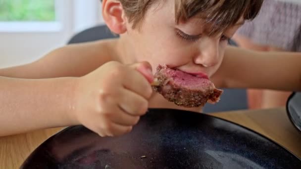 Νεαρό Παιδί Απολαμβάνει Ένα Κομμάτι Τέλεια Μαγειρεμένο Αρνί Rack — Αρχείο Βίντεο