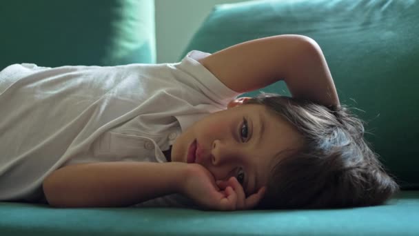 Quiet Time Παιδικό Χαλαρώνει Στον Καναπέ Απορροφάται Κινούμενα Σχέδια Tablet — Αρχείο Βίντεο