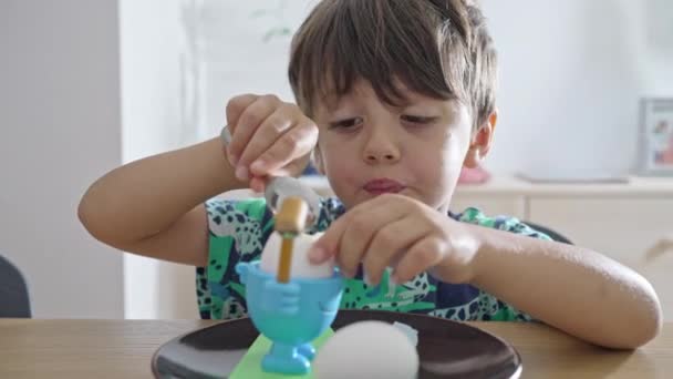 Frühstückszeit Junge Genießt Hartgekochtes Seinem Entzückenden Kindereierschalen — Stockvideo
