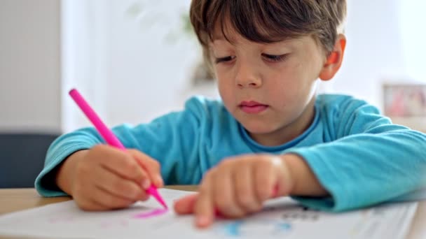 Criança Focada Descreve Carta Que Ele Está Aprendendo Escrever — Vídeo de Stock