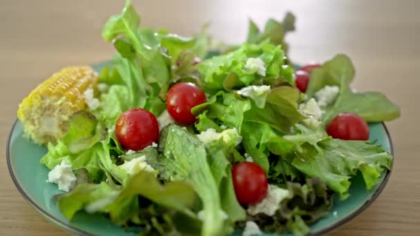Свежий Красочный Салат Зеленый Салат Помидоры Вареная Кукуруза Белый Сыр — стоковое видео