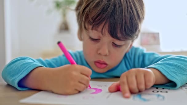 Little Boy Outlining Letter Training Exercise Start Writing — Stock Video