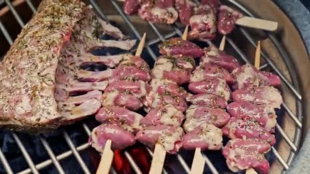 烧烤炉上的肉质鸡心片和漂亮的羊筋 — 图库视频影像