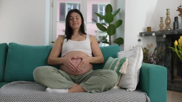 Lycklig Gravid Talskvinna Sittande Soffan Hemma Gör Hjärtat Symbol Med — Stockvideo
