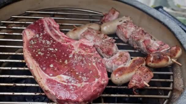 油腻的牛排放在猪肉和香肠锅炉边 烤在可携式烧炭架上 — 图库视频影像