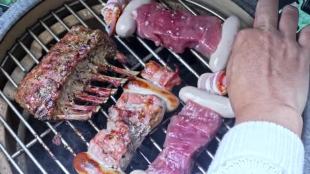 Espetos Carne Salsicha Colocados Grelha Carvão Portátil Churrasco Fumado — Vídeo de Stock