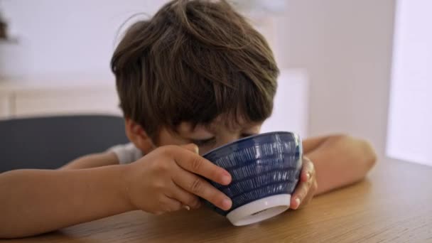 早餐结论 小男孩确保在谷类碗中不遗漏牛奶 — 图库视频影像