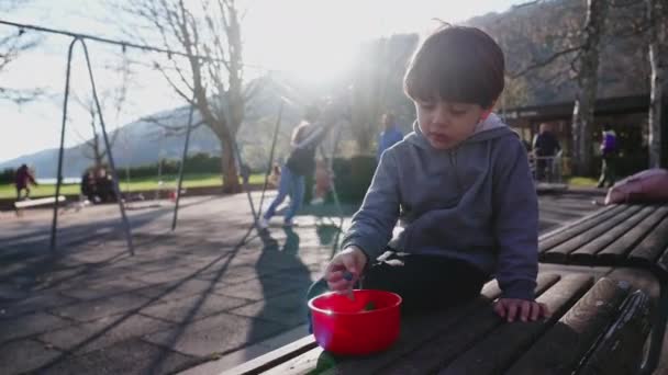 Çocuk Atıştırmanın Tadını Çıkarıyor Sonbahar Parkında Güneşleniyor Küçük Çocuk Atıştırmalıkları — Stok video