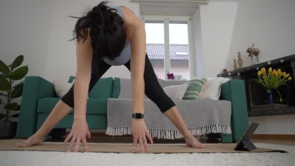 Pränatale Fitness Hause Frau Streckt Körper Und Beine Wohnzimmer — Stockvideo