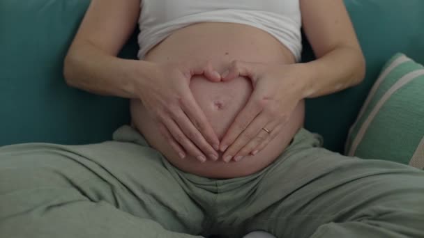 心のこもったマタニティー 家でカウチに座った彼女の30代の楽しい妊娠中の女性 後期段階の妊娠中に腹にハンドで心臓シンボルを作る — ストック動画