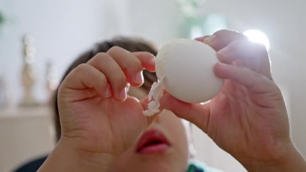 Skillful Hands Little Boy Peels Boiled Egg Damaging Shape — Stock Video