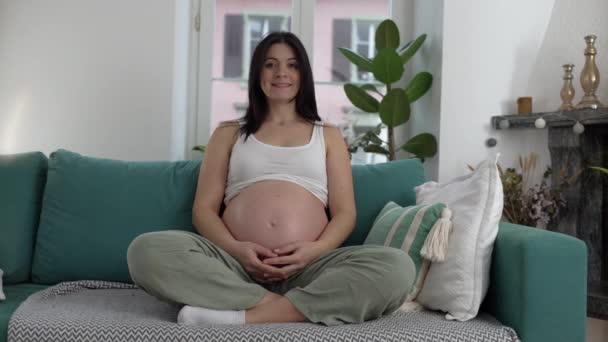 幸せな妊婦の肖像画は 妊娠の第3期の晩期に笑顔で自宅でソファに座りました — ストック動画