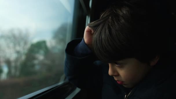 One Small Boy Seated Train Window Looking Landscape Scenery Pass — Stock Video