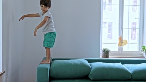 Domů Fun Boy Scales Sofa Arm Falls Back Cushions — Stock video