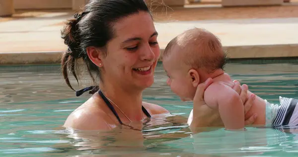 Mom Baby Together Swimming Pool Stock Image