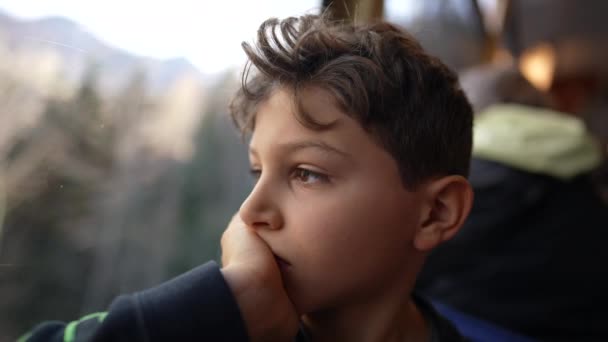 Melankolik Genç Çocuk Trenin Penceresinde Oturmuş Çene Çene Ele Manzaraya — Stok video