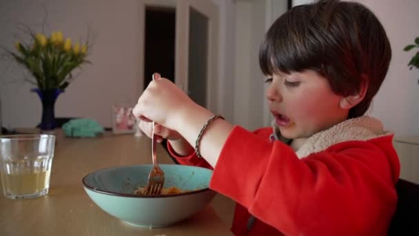 5岁的白人男孩坐在餐桌旁 一边用叉子纺面 一边在家里吃意大利菜 一边吃意大利面 — 图库视频影像