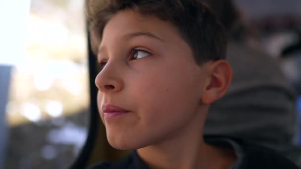 Tänksam Ung Pojke Tågresa Tittar Landskap Landskap Passerar Närbild Ansikte — Stockvideo
