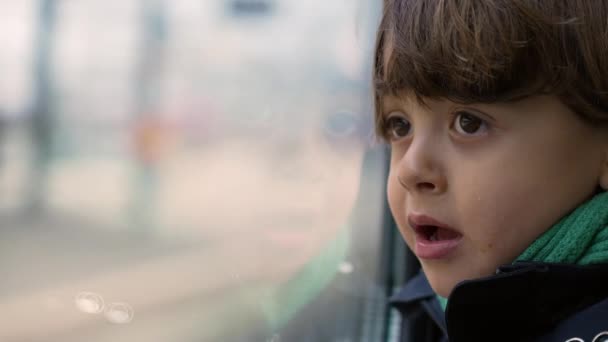 Çocuğun Düşünceli Yüzüne Yakın Çekim Tren Penceresine Yaslanma Merakla Manzarayı — Stok video