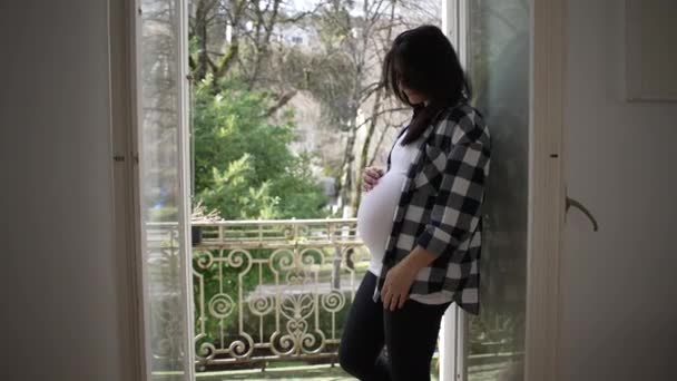 孕妇的亲密亲密接触爱抚美女 等待新生儿 安详的8个月身孕靠窗的阳台 — 图库视频影像