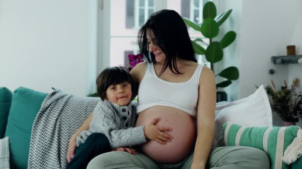 Escena Familiar Alegre Con Joven Madre Embarazada Sofá Sonriendo Cámara — Vídeos de Stock