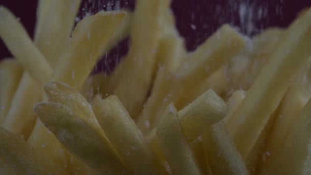 Κοντινές Μακρο Λεπτομέρειες Τηγανητές Πατάτες Αλάτι Που Πέφτει Σούπερ Αργή — Αρχείο Βίντεο