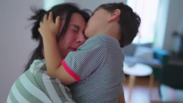 Child Showing Excitement Loving Kiss Mom Energetic Son Kissing Mother — Stock Video