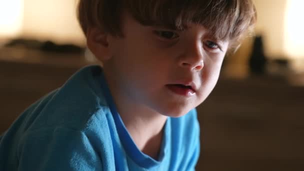 Zbliżenie Zamyślonego Dziecka Ręką Podbródku Wieczorem Portret Małego Chłopca Przenikliwymi — Wideo stockowe