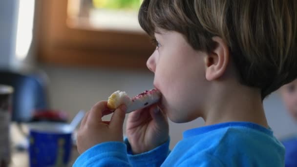 Close Candid Moment Child Relishing Morning Brioche Jelly Spread — Stock Video