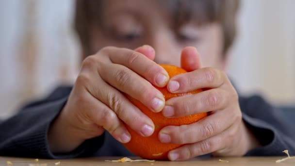 Maličký Najde Nějaké Potíže Při Loupání Mandarinky Jíst Během Odpolední — Stock video