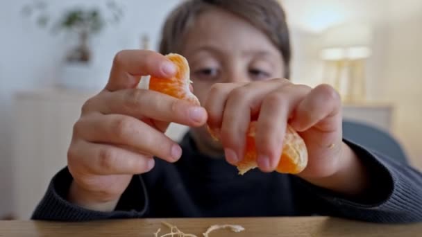 Little Boy Tiene Preparación Metódica Antes Comer Mandarina Eliminando Cuidadosamente — Vídeo de stock