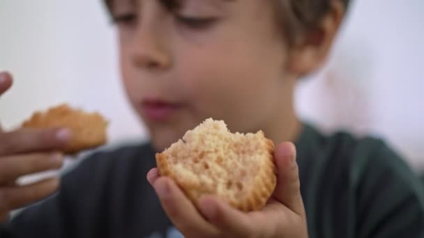 Delicious Relè Little Boy Pezzo Torta Ogni Mano Morso Ciascuno — Video Stock