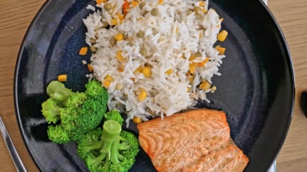 Spring Rice Salmon Broccoli Pilihan Yang Delicious Nutritious — Stok Video