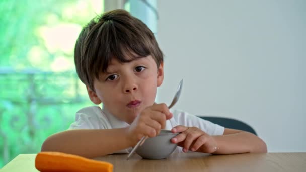 一天的良好开端 男孩喜欢吃谷类早餐 — 图库视频影像