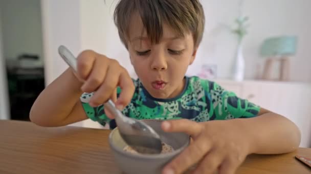 Young Boy Eating Cereal Milk Breakfast Delicious Start Day — Stock Video