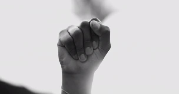 エンパワーメントを象徴する空気中のクローズアップ拳 アフリカ系アメリカ人女性は 黒人と白人の独立と連帯を主張する空気の中で手を挙げる — ストック動画