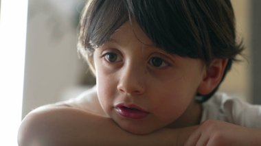 Düşünceli, genç, düşünceli, 5 yaşındaki bir çocuk derin bir zihinsel yansıma yaşıyor. İçsel erkek, beyaz çocuk hayal kuruyor.