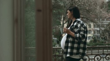 Daire Balkonunda Yansıtıcı Hamile Kadın, sıcak bir içecek tutuyor, Yalnızlık Manzarası 'na bakıyor, Üçüncü Trimestr' de Huzur Anları 'na değer veriyor.