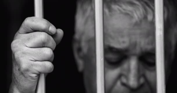 Wanhopige Oudere Man Die Zich Gevangen Voelt Achter Metalen Tralies — Stockvideo