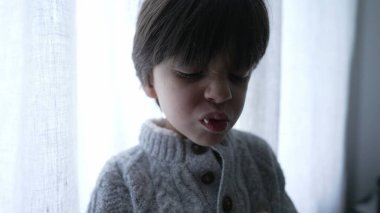 Küçük çocuk pencere kenarından bir ısırık alır. 5 yaşında beyaz bir çocuğun elinde ekmek tutarak abur cubur yediği sahne.